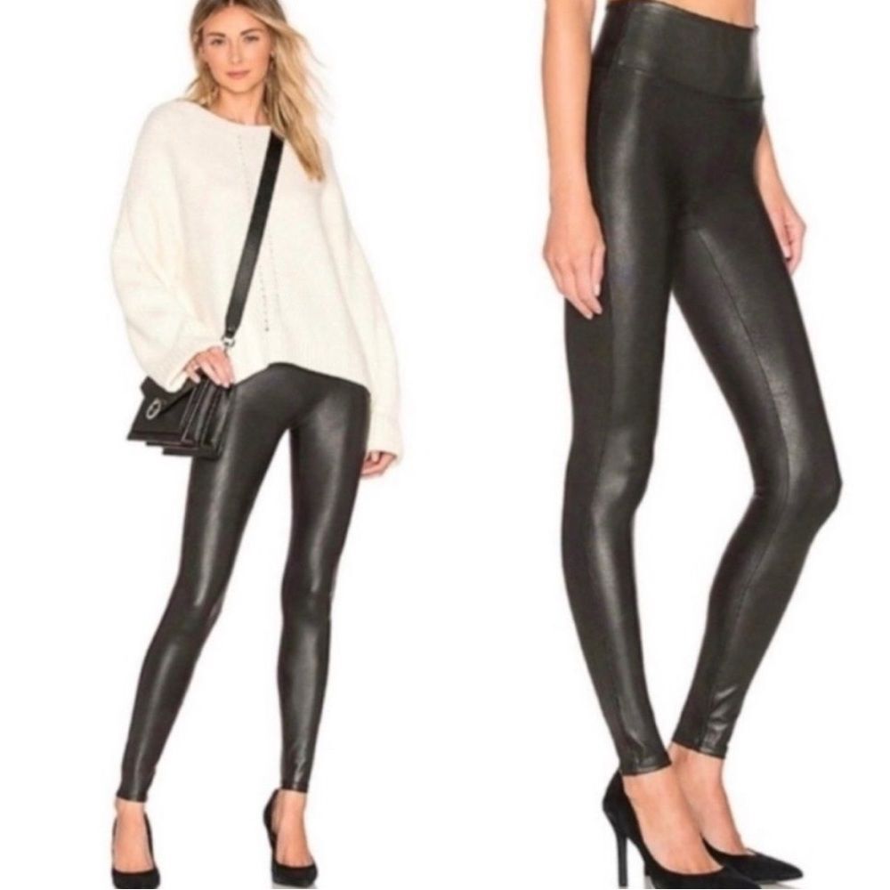 SPANX Faux Leather Leggings 3X Petite Black High Rise Shaping Compression